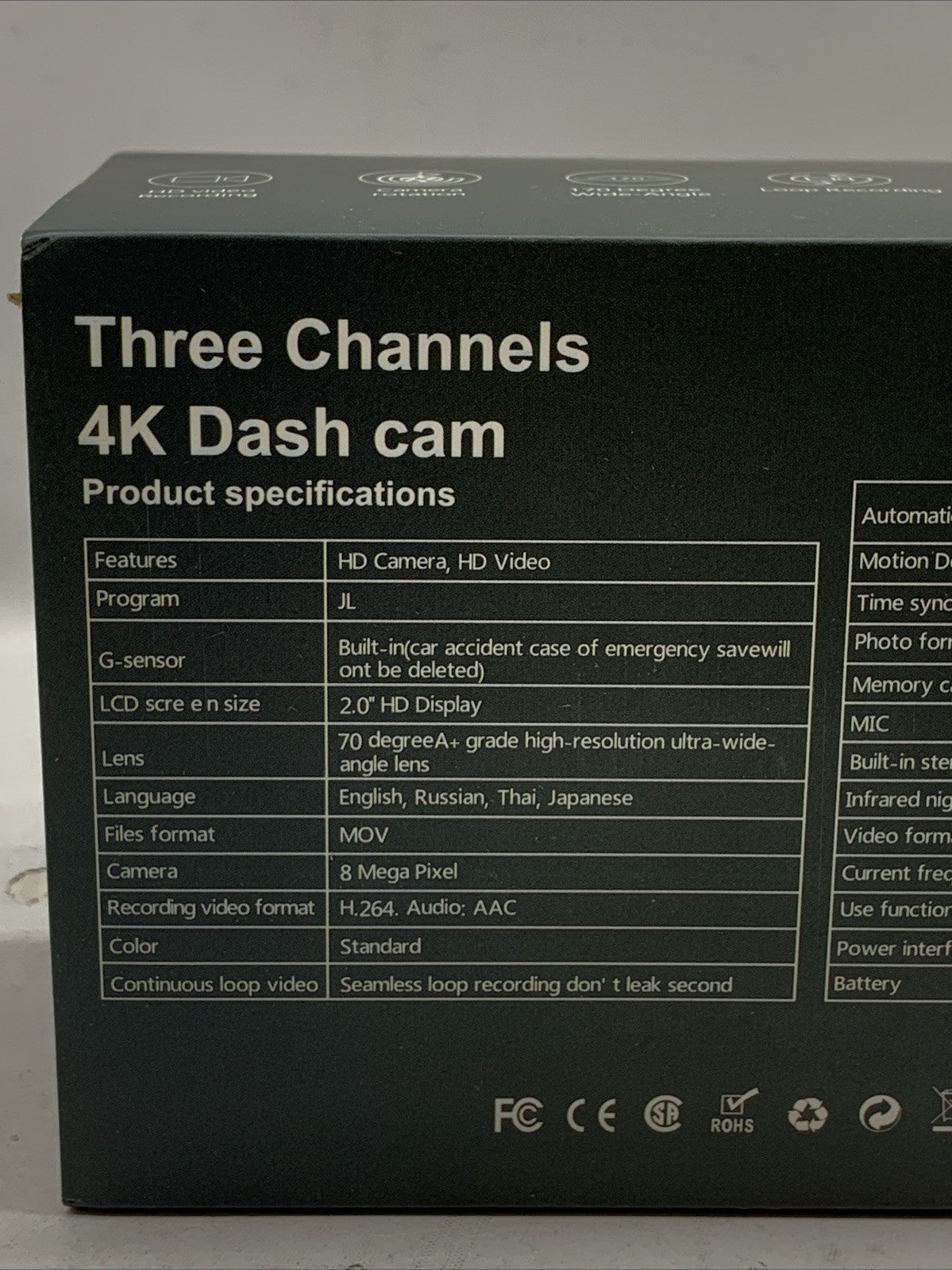 Azacvb Three Channels 4K Dash Cam 8MP HD Camera Video 2.0" Display MOV Black