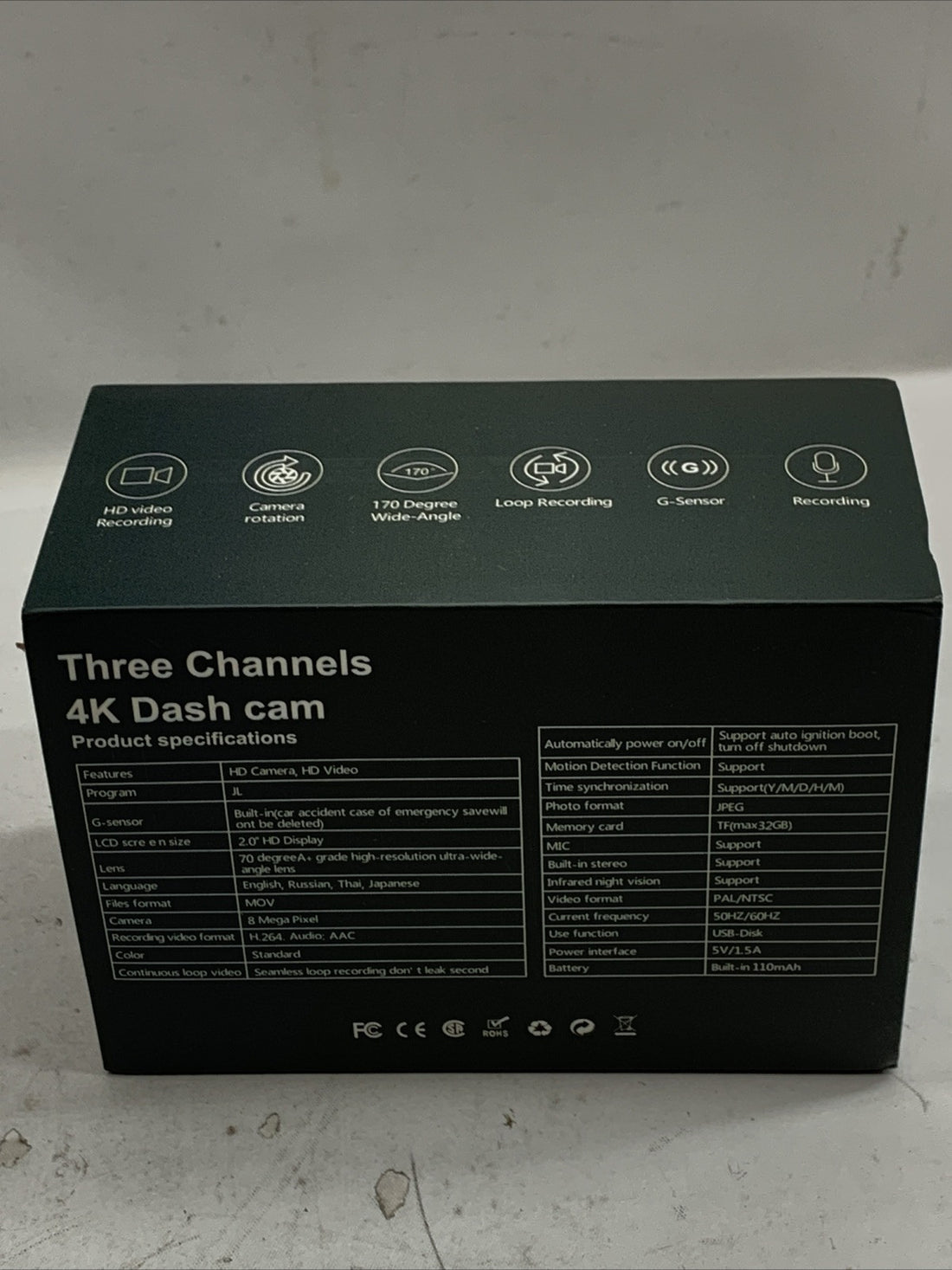 Azacvb Three Channels 4K Dash Cam 8MP HD Camera Video 2.0" Display MOV Black
