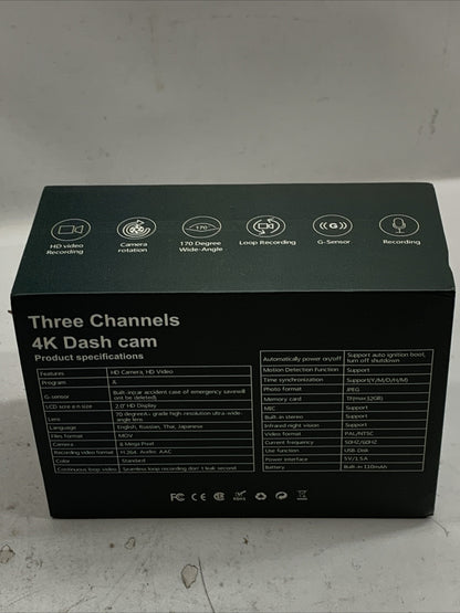 Azacvb Three Channels 4K Dash Cam 8MP HD Camera Video 2.0" Display MOV Black