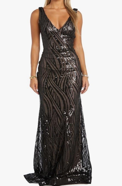 NIGHTWAY Long Swirl Pattern Sequin Gown W/Power Mesh Side Insets & Deep V-Back 8