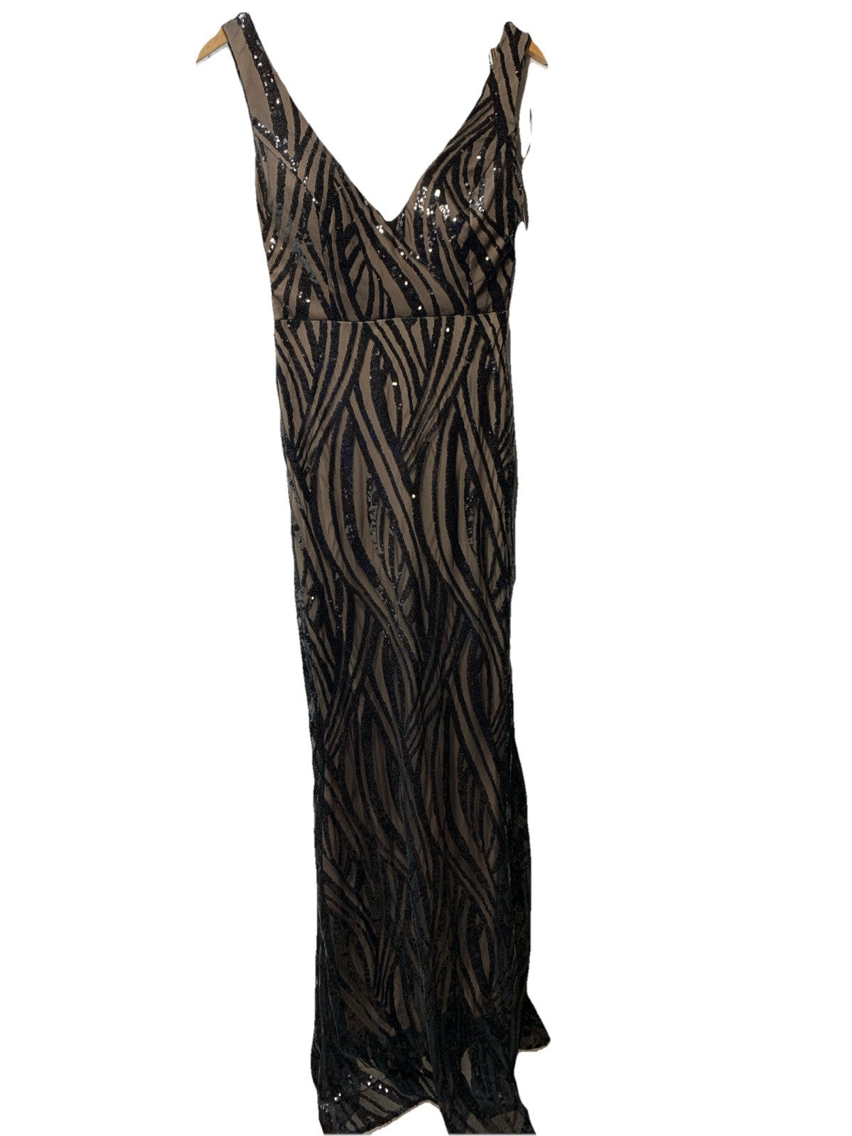 NIGHTWAY Long Swirl Pattern Sequin Gown W/Power Mesh Side Insets & Deep V-Back 8