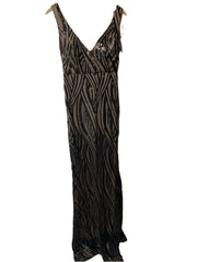 NIGHTWAY Long Swirl Pattern Sequin Gown W/Power Mesh Side Insets & Deep V-Back 8