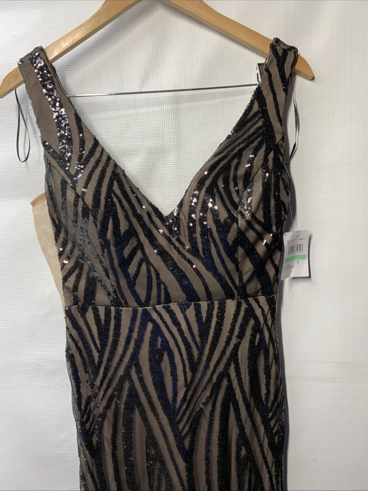 NIGHTWAY Long Swirl Pattern Sequin Gown W/Power Mesh Side Insets & Deep V-Back 8