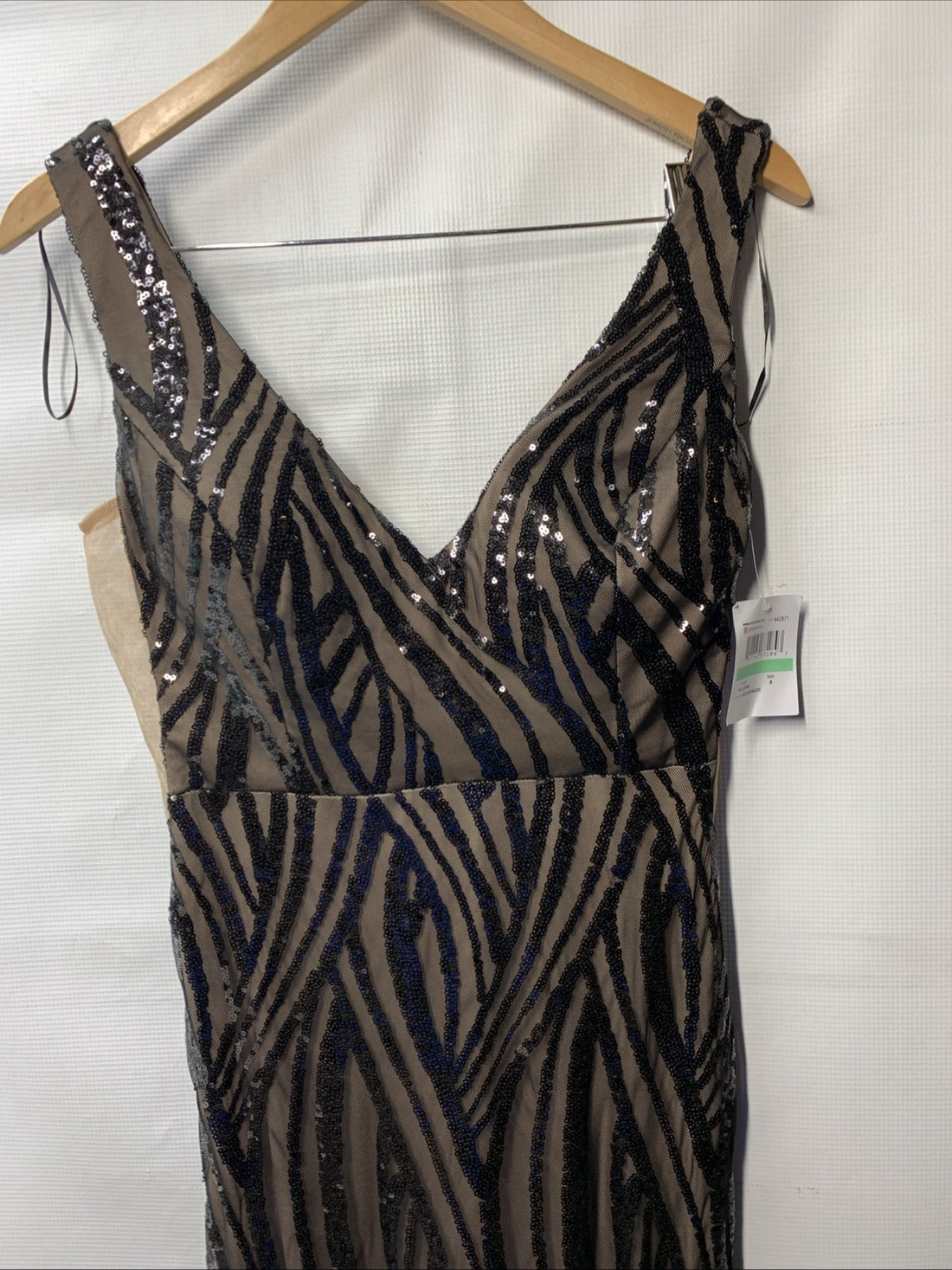 NIGHTWAY Long Swirl Pattern Sequin Gown W/Power Mesh Side Insets & Deep V-Back 8