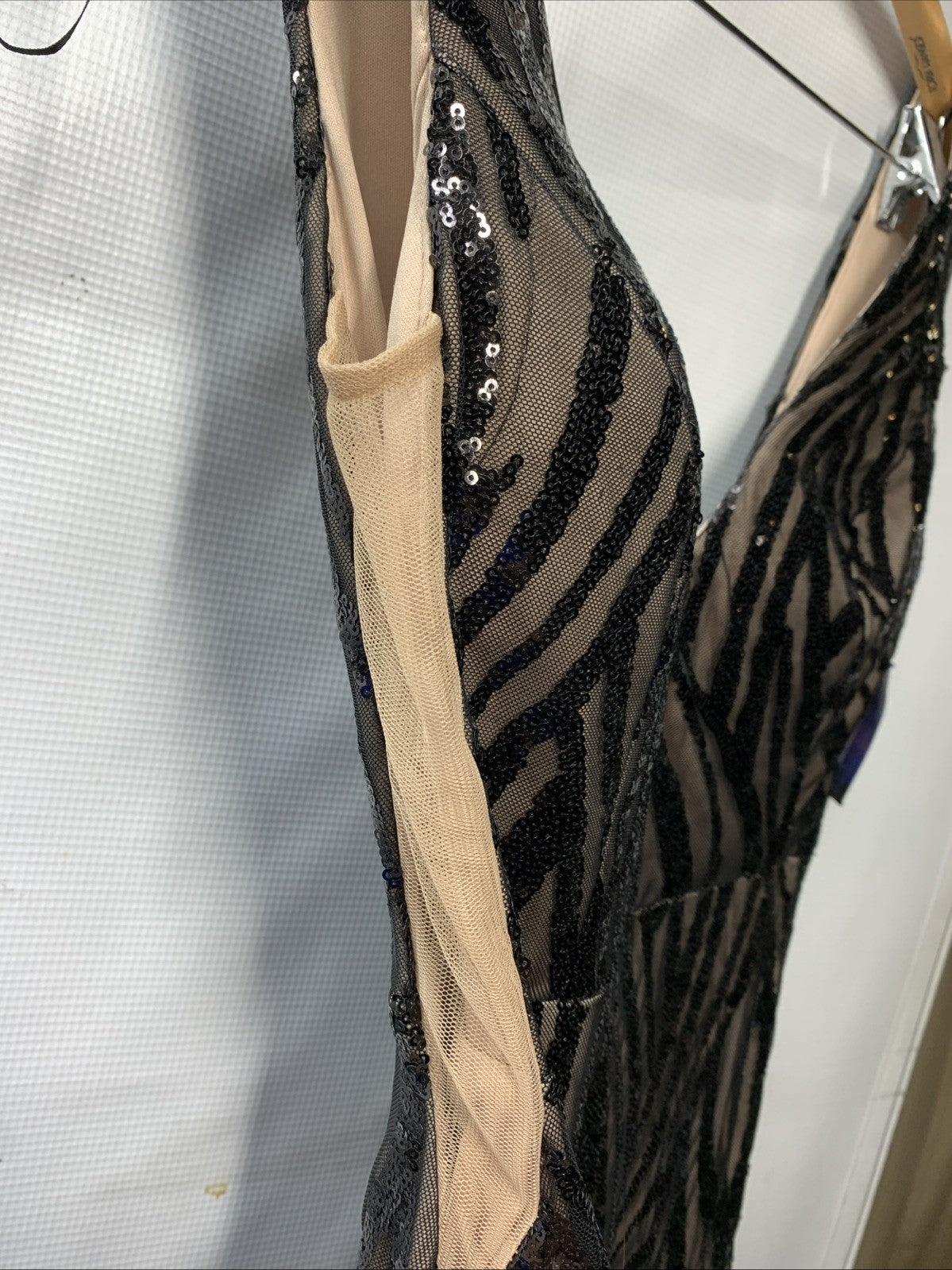 NIGHTWAY Long Swirl Pattern Sequin Gown W/Power Mesh Side Insets & Deep V-Back 8