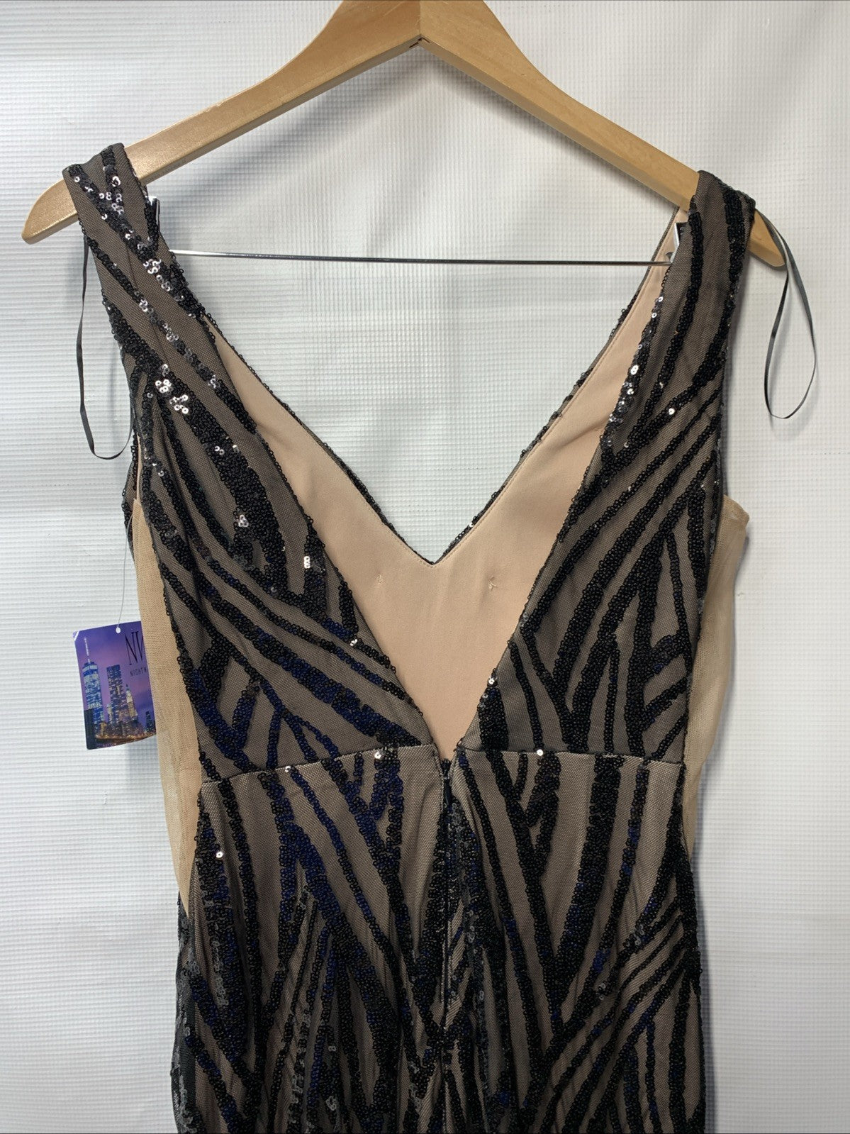 NIGHTWAY Long Swirl Pattern Sequin Gown W/Power Mesh Side Insets & Deep V-Back 8