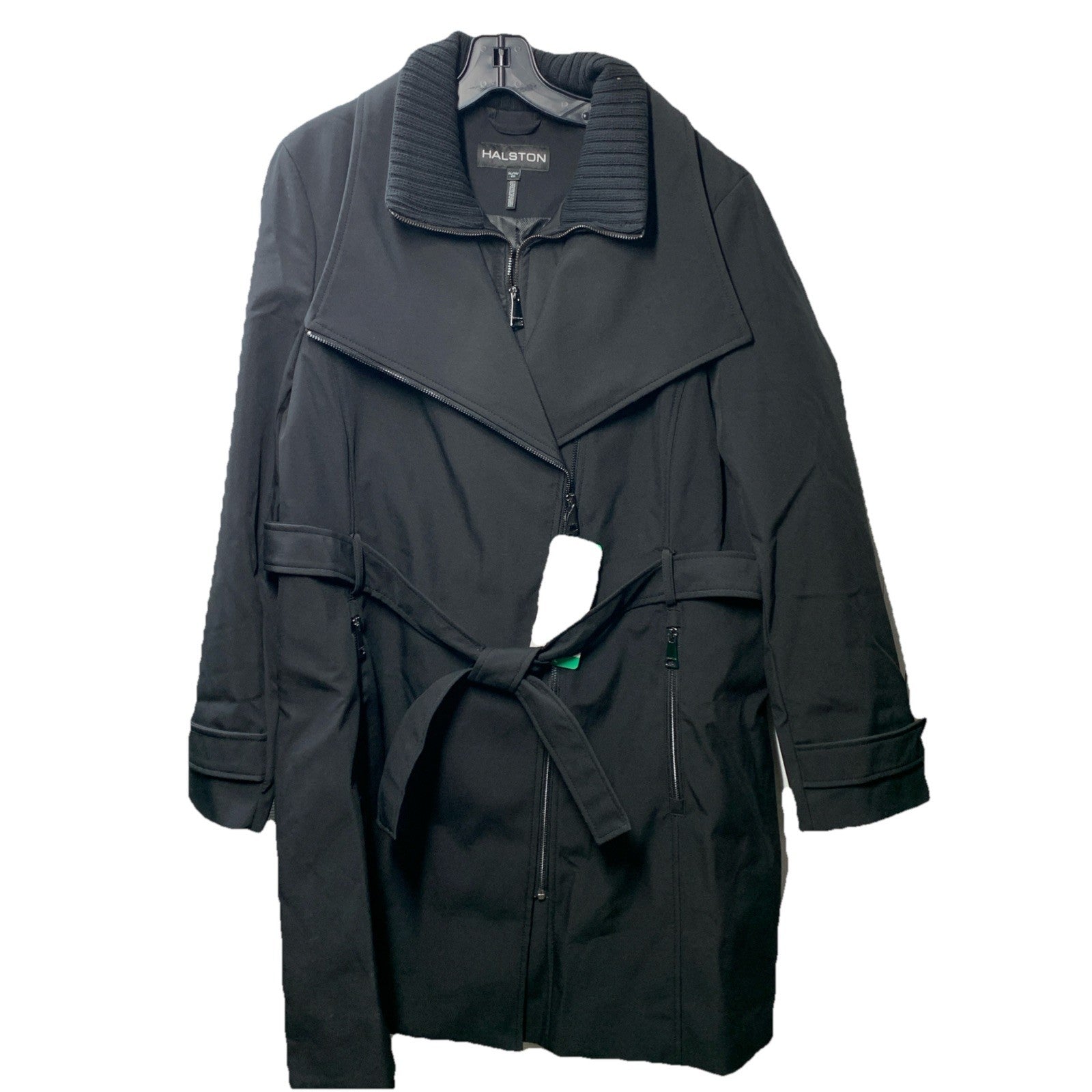 Halston Women’s Black Belted Trench Coat Long Sleeve Collared w/Pocket Size XL