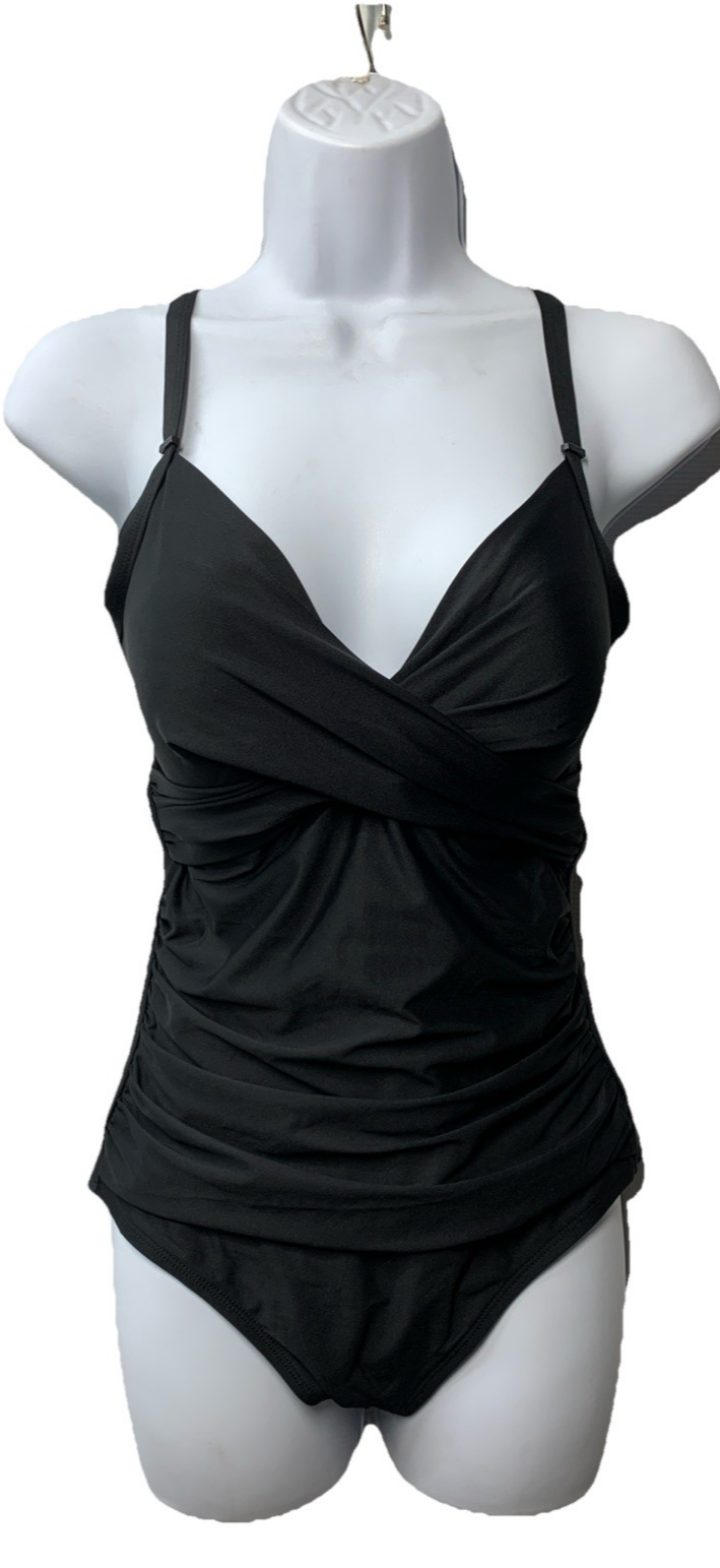 DKNY Women's Surplice Ruched Spaghetti Strap One Piece Swimsuit Size M Black