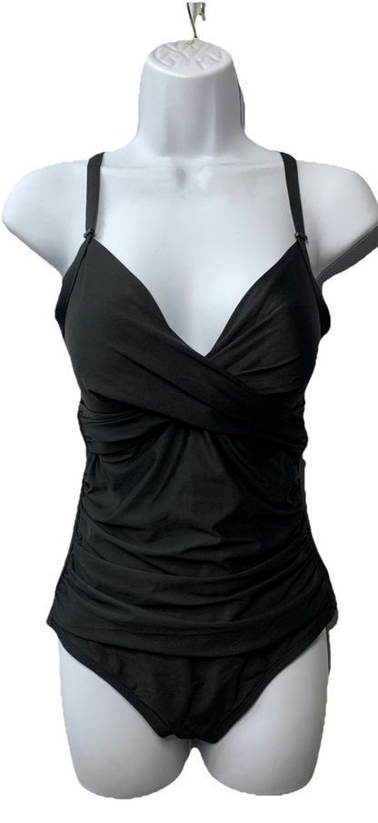 DKNY Women's Surplice Ruched Spaghetti Strap One Piece Swimsuit Size M Black