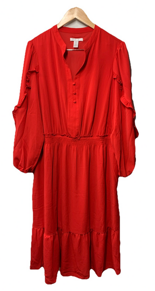 London Times T7328W Womens Stand Collar Tiered Dress Long Sleeve Size 20W Cherry