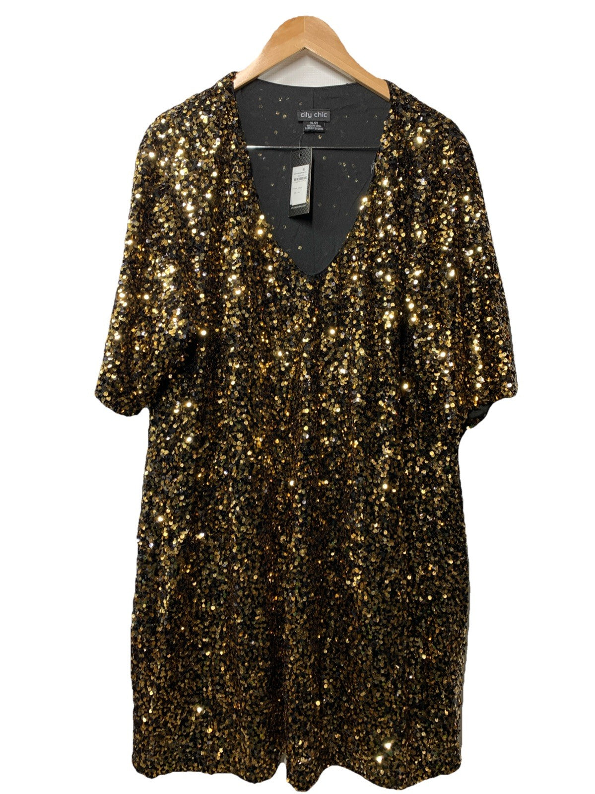 City Chic Womens Cocktail Party Dress Evening Sequin Glam V-neck Gold Size XL/22