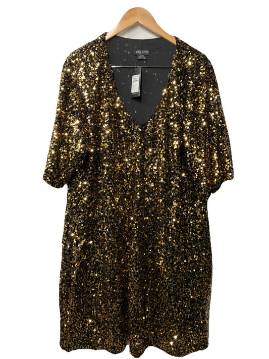 City Chic Womens Cocktail Party Dress Evening Sequin Glam V-neck Gold Size XL/22