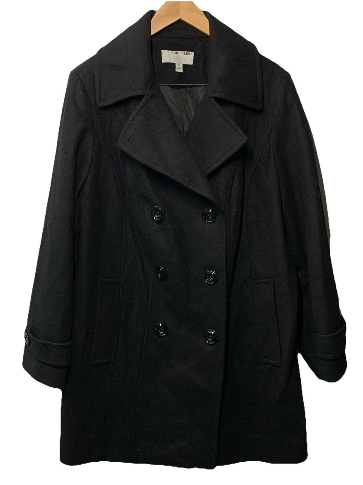 Anne Klein Women's Classic Double Breasted Wool Coat Long Sleeve Size 1X Black
