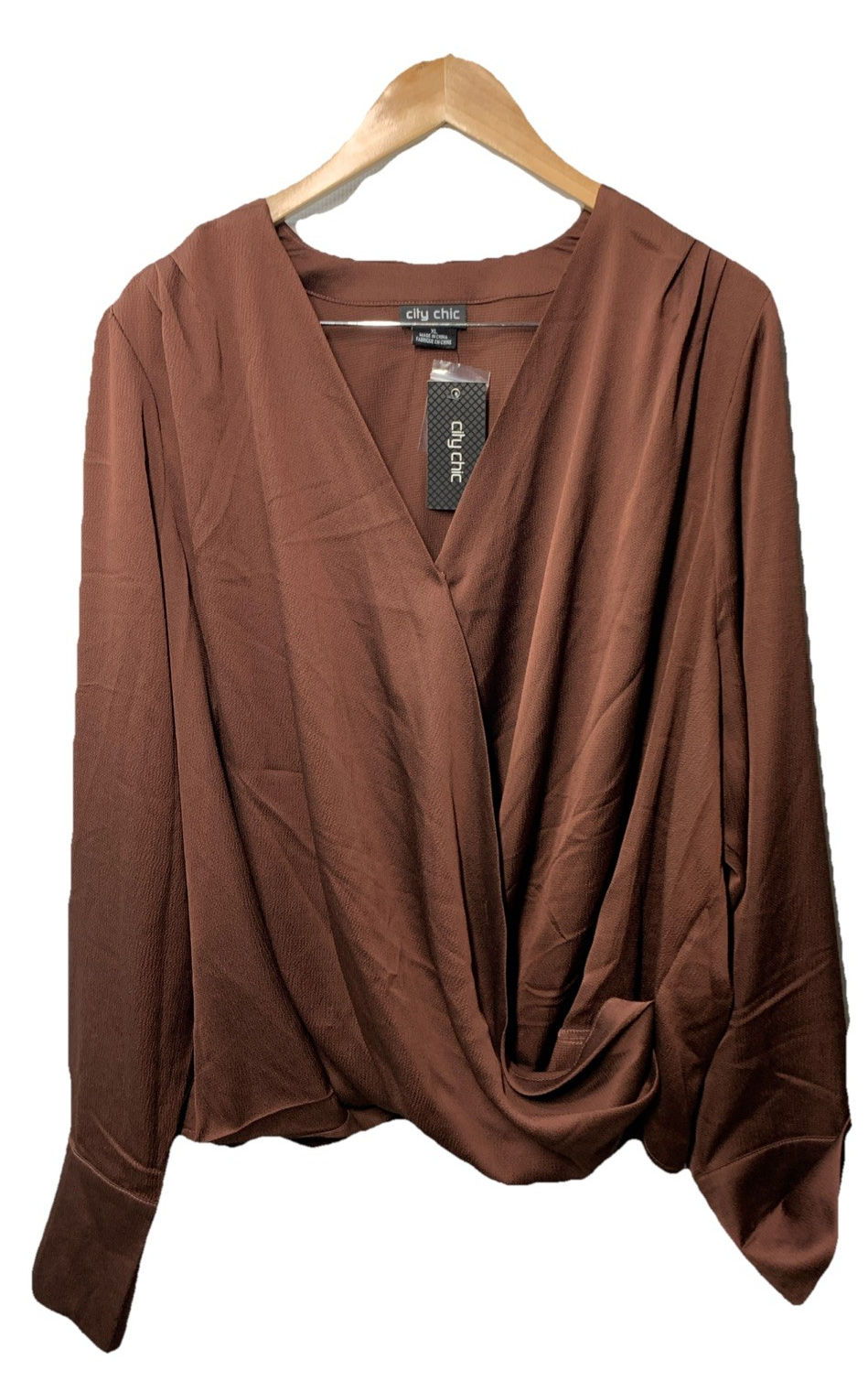 City Chic Alena Shirt Mocha V-neck Long Sleeve Lightweight Elegant 00219805 XL