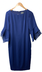 Adrianna Papell Tiered Sleeve Sheath Dress Women's Size 8 Navy Satin Knit Crepe