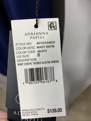 Adrianna Papell Tiered Sleeve Sheath Dress Women's Size 8 Navy Satin Knit Crepe