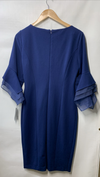 Adrianna Papell Tiered Sleeve Sheath Dress Women's Size 8 Navy Satin Knit Crepe