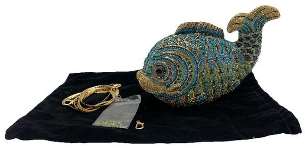 Gold With Royal Blue & Aqua Austrian Crystal Fish Hard Shell Clutch Evening Bag
