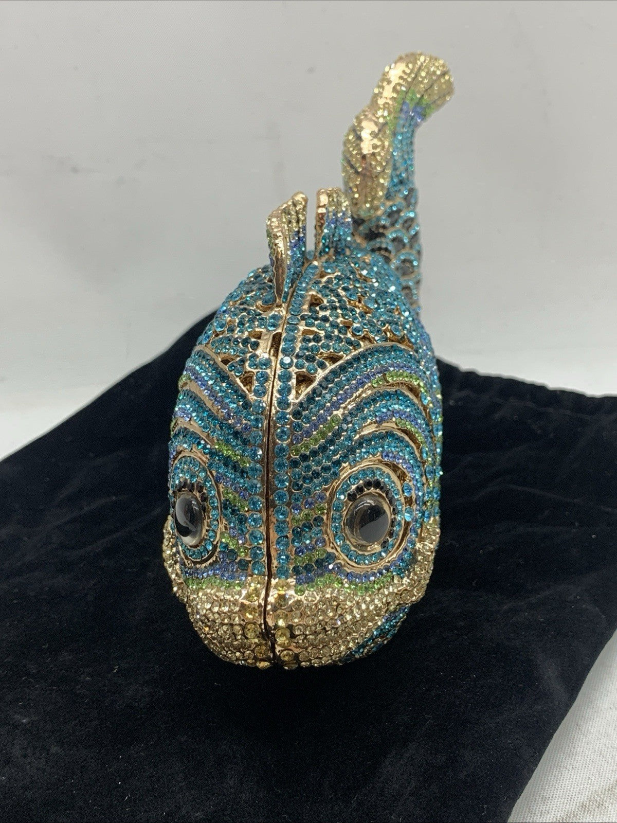 Gold With Royal Blue & Aqua Austrian Crystal Fish Hard Shell Clutch Evening Bag