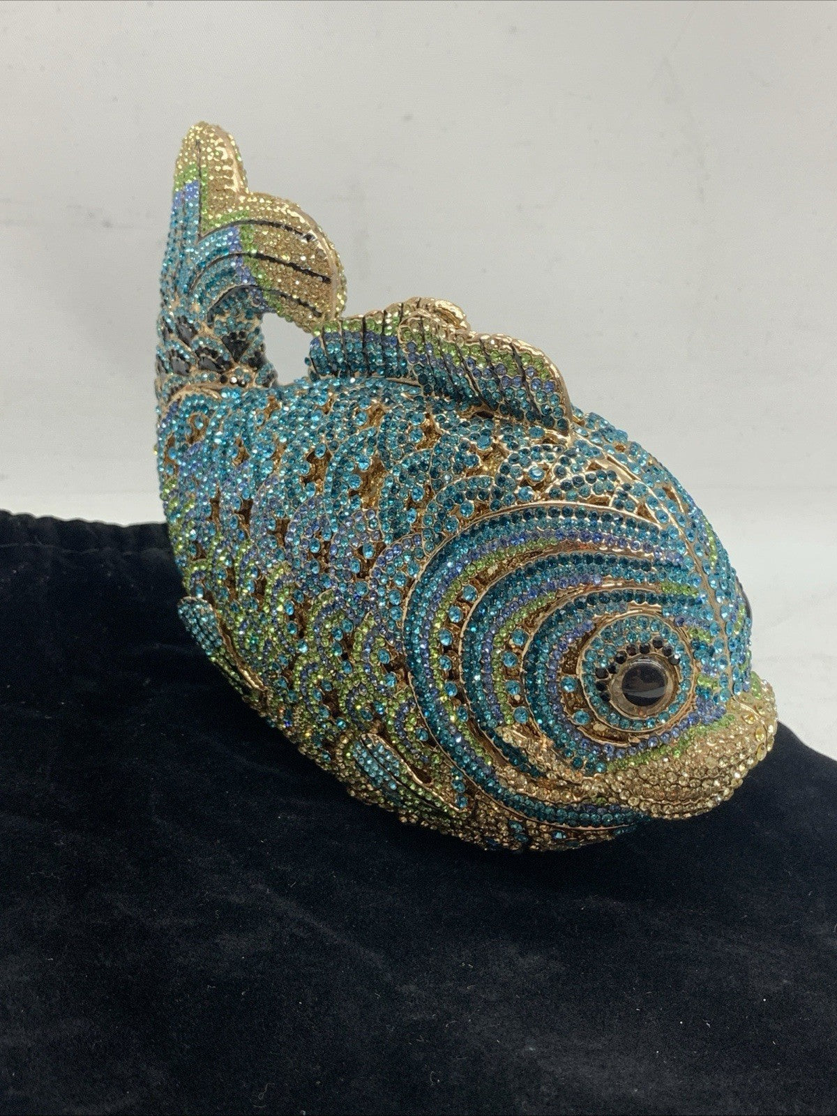 Gold With Royal Blue & Aqua Austrian Crystal Fish Hard Shell Clutch Evening Bag