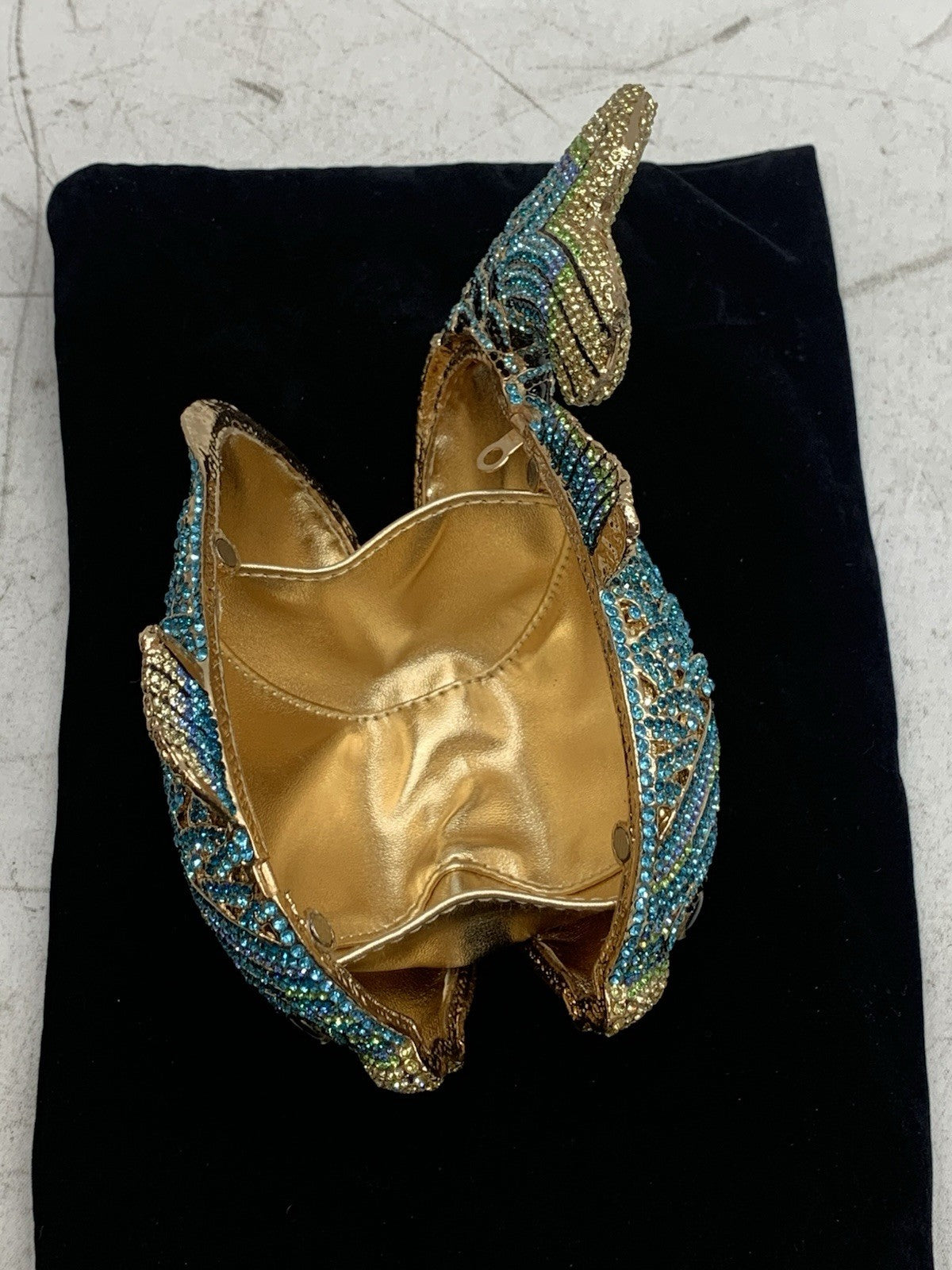 Gold With Royal Blue & Aqua Austrian Crystal Fish Hard Shell Clutch Evening Bag