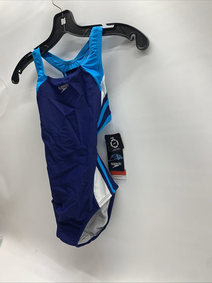 Speedo Girl's 10 Swimsuit One Piece Infinity Splice Thick Strap Deep Water Blue