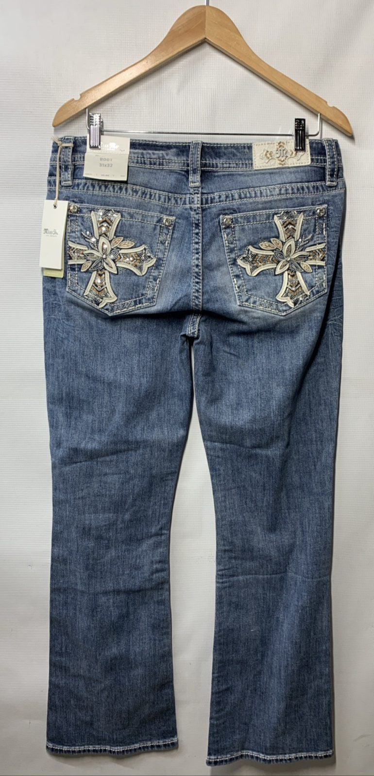 Miss Me Women’s Cross Embellished Pockets Mid-Rise Bootcut Jeans Size 31x32