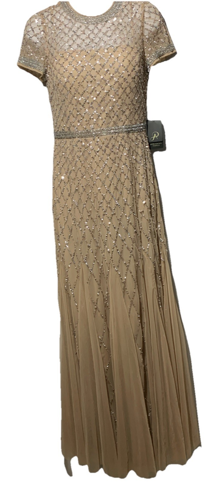 Adrianna Papell Short Sleeve Grid Beaded Gown with Intricate Beading Size 4