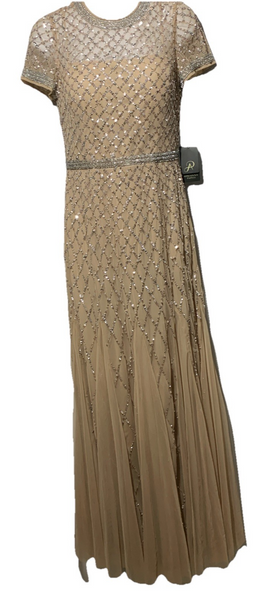 Adrianna Papell Short Sleeve Grid Beaded Gown with Intricate Beading Size 4