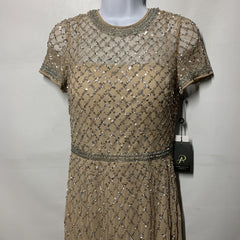 Adrianna Papell Short Sleeve Grid Beaded Gown with Intricate Beading Size 4