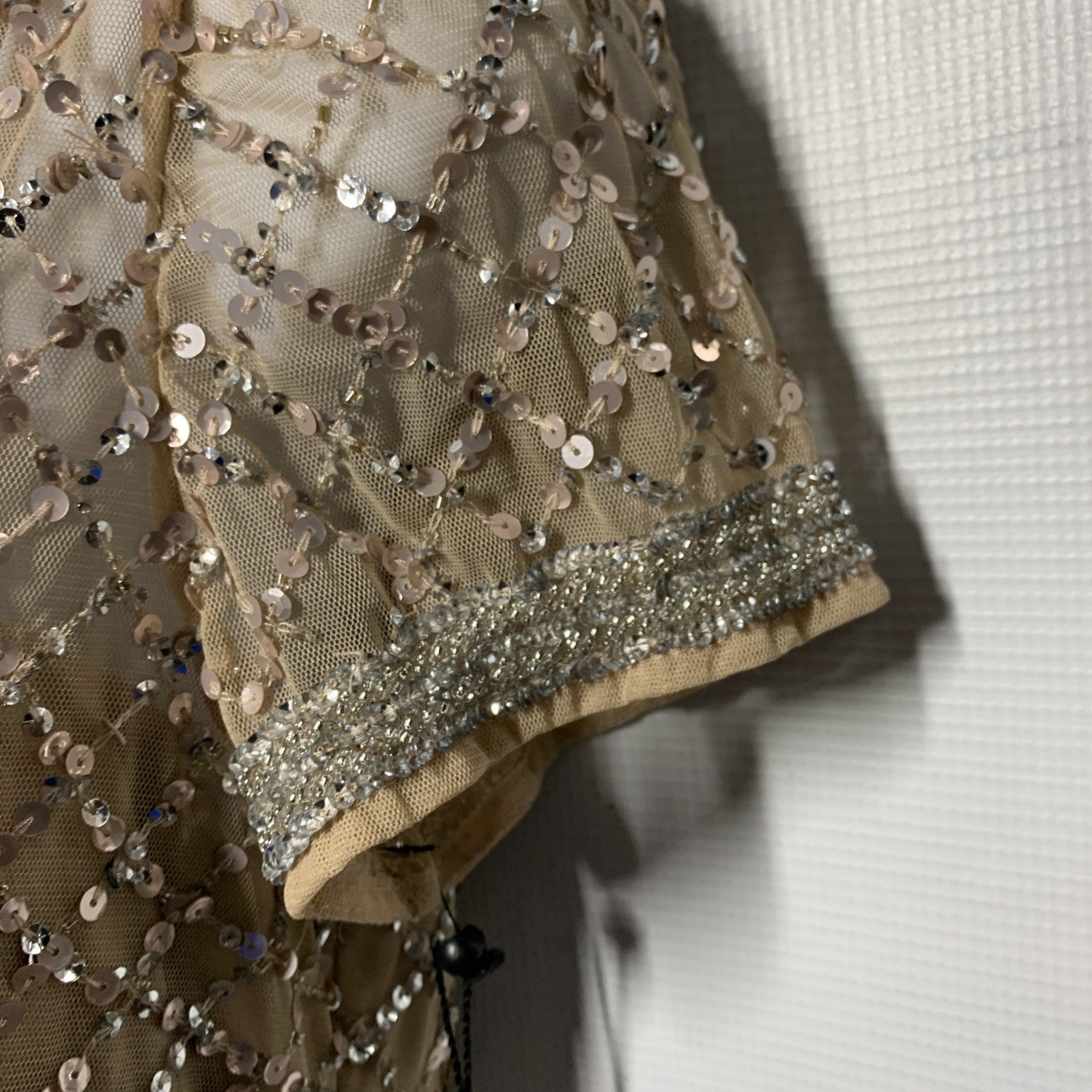 Adrianna Papell Short Sleeve Grid Beaded Gown with Intricate Beading Size 4
