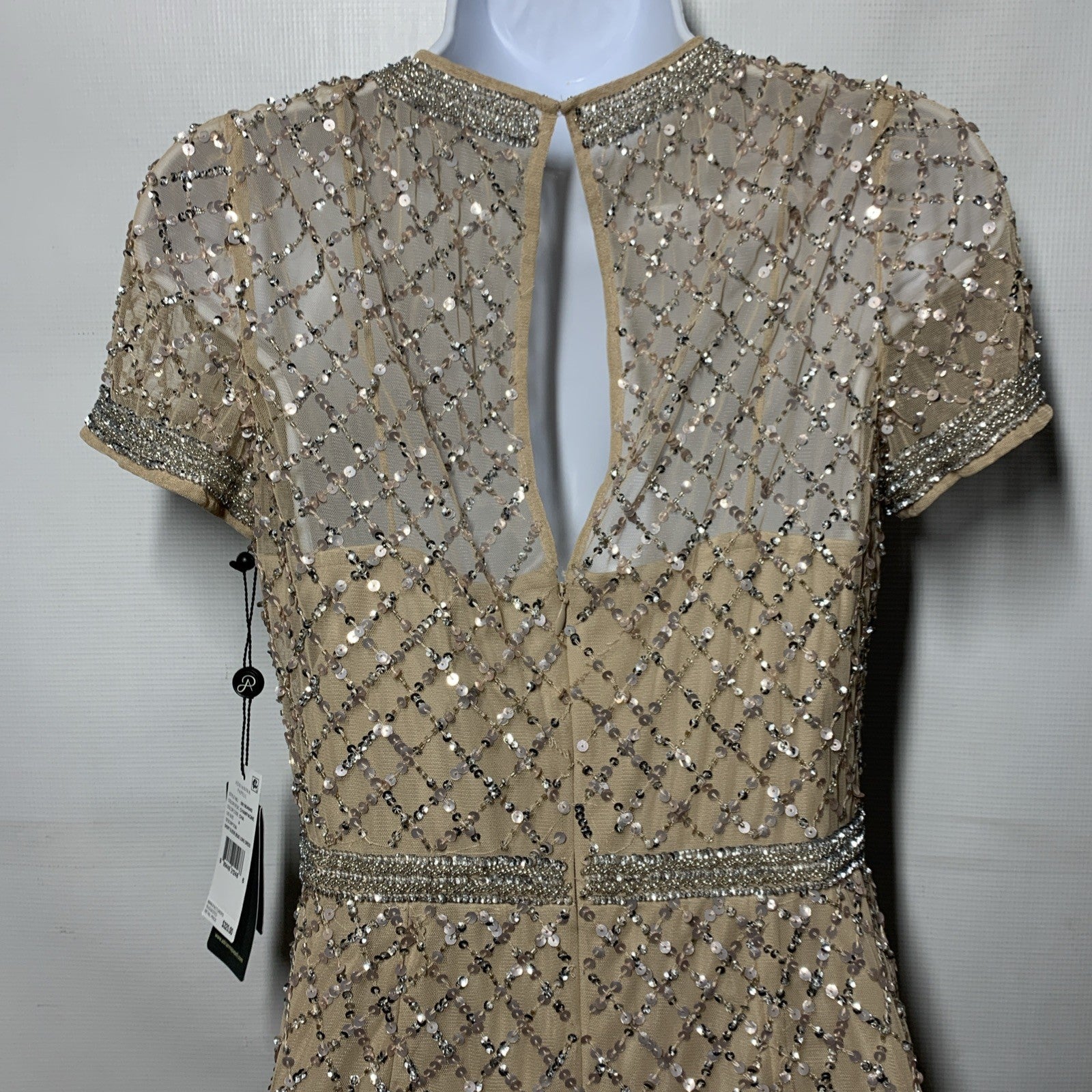 Adrianna Papell Short Sleeve Grid Beaded Gown with Intricate Beading Size 4