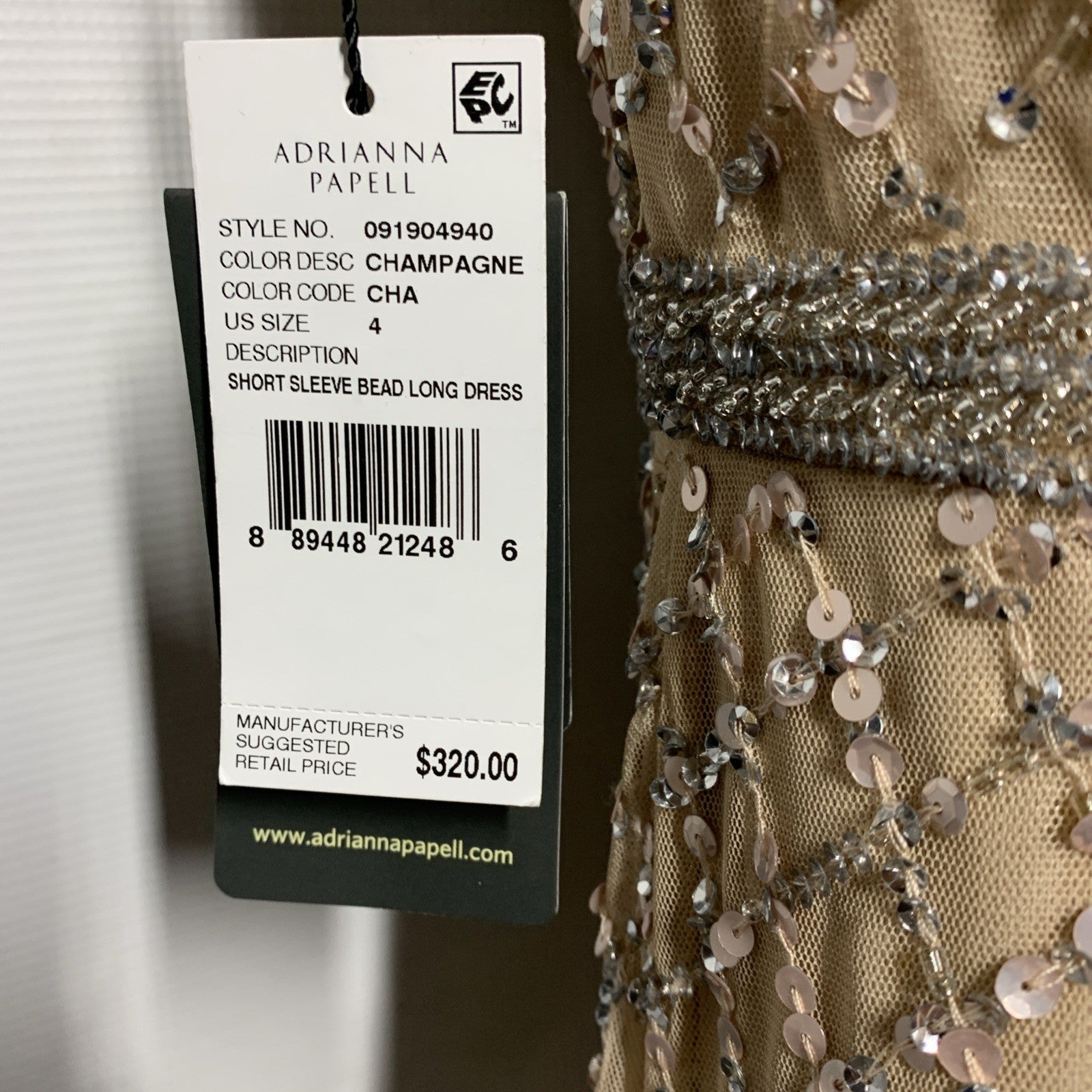 Adrianna Papell Short Sleeve Grid Beaded Gown with Intricate Beading Size 4