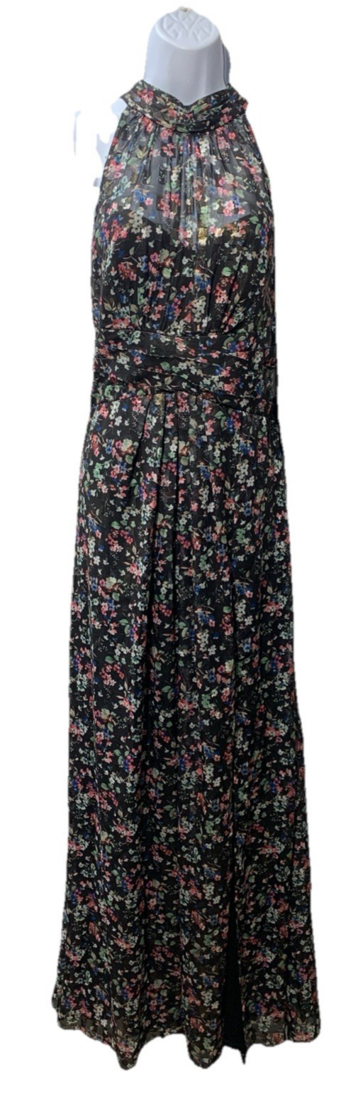Adrianna Papell Gown Metallic Pleated Halter Floral Maxi Sleeveless Size 10