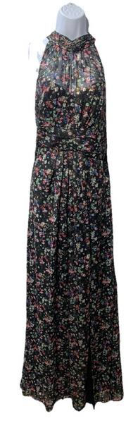 Adrianna Papell Gown Metallic Pleated Halter Floral Maxi Sleeveless Size 10