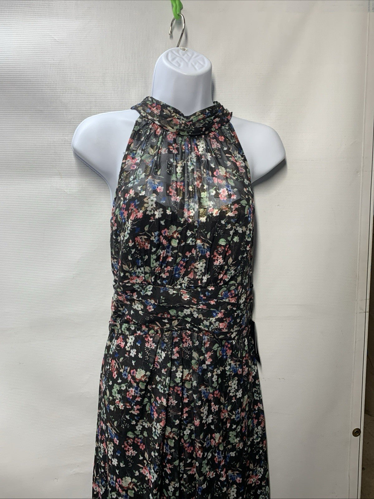 Adrianna Papell Gown Metallic Pleated Halter Floral Maxi Sleeveless Size 10