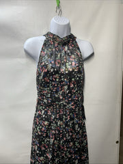 Adrianna Papell Gown Metallic Pleated Halter Floral Maxi Sleeveless Size 10