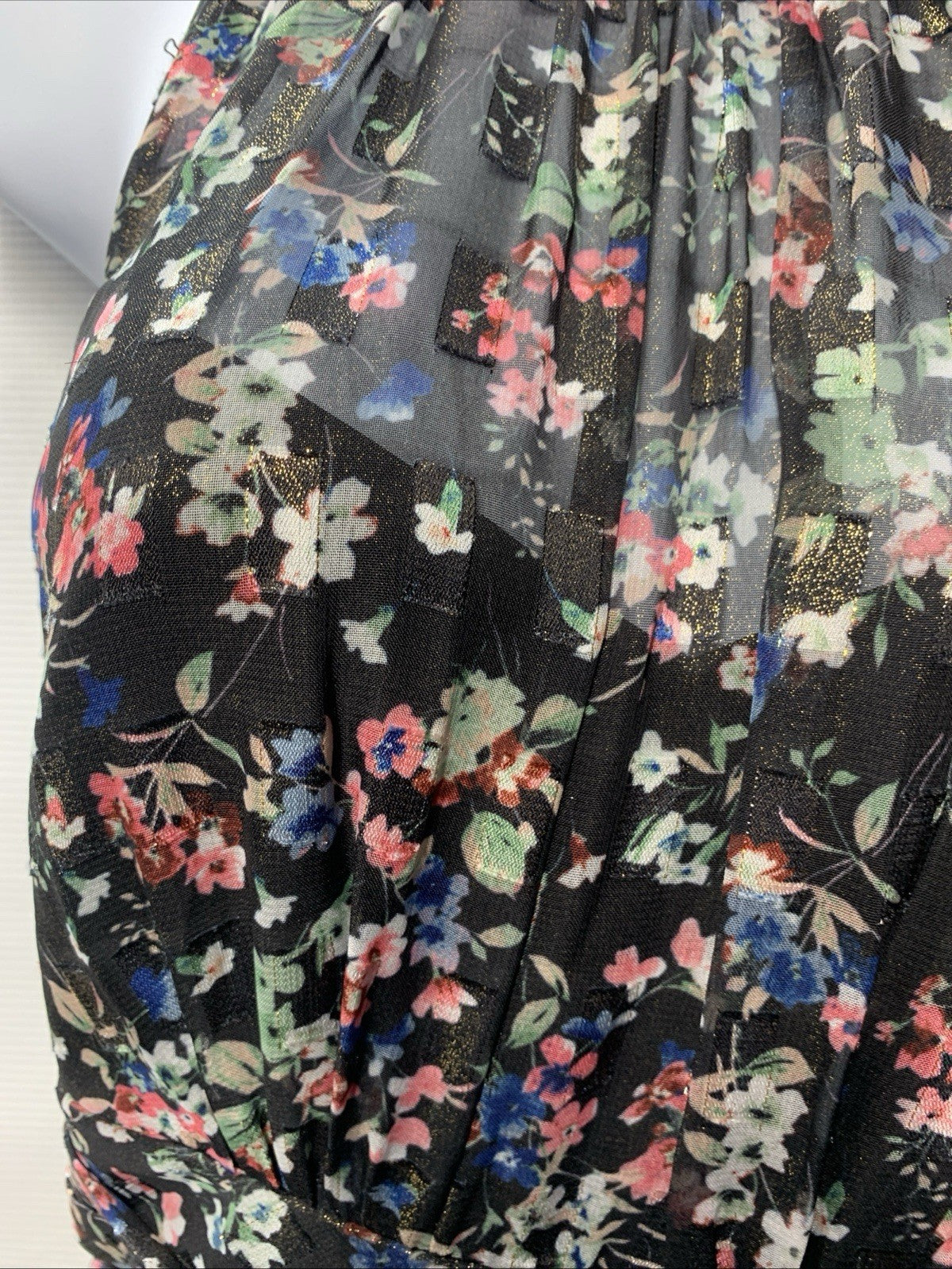 Adrianna Papell Gown Metallic Pleated Halter Floral Maxi Sleeveless Size 10