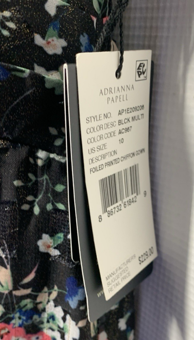 Adrianna Papell Gown Metallic Pleated Halter Floral Maxi Sleeveless Size 10