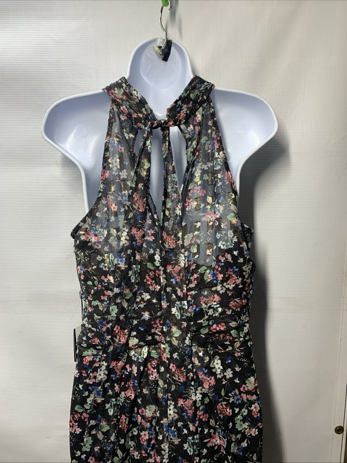 Adrianna Papell Gown Metallic Pleated Halter Floral Maxi Sleeveless Size 10