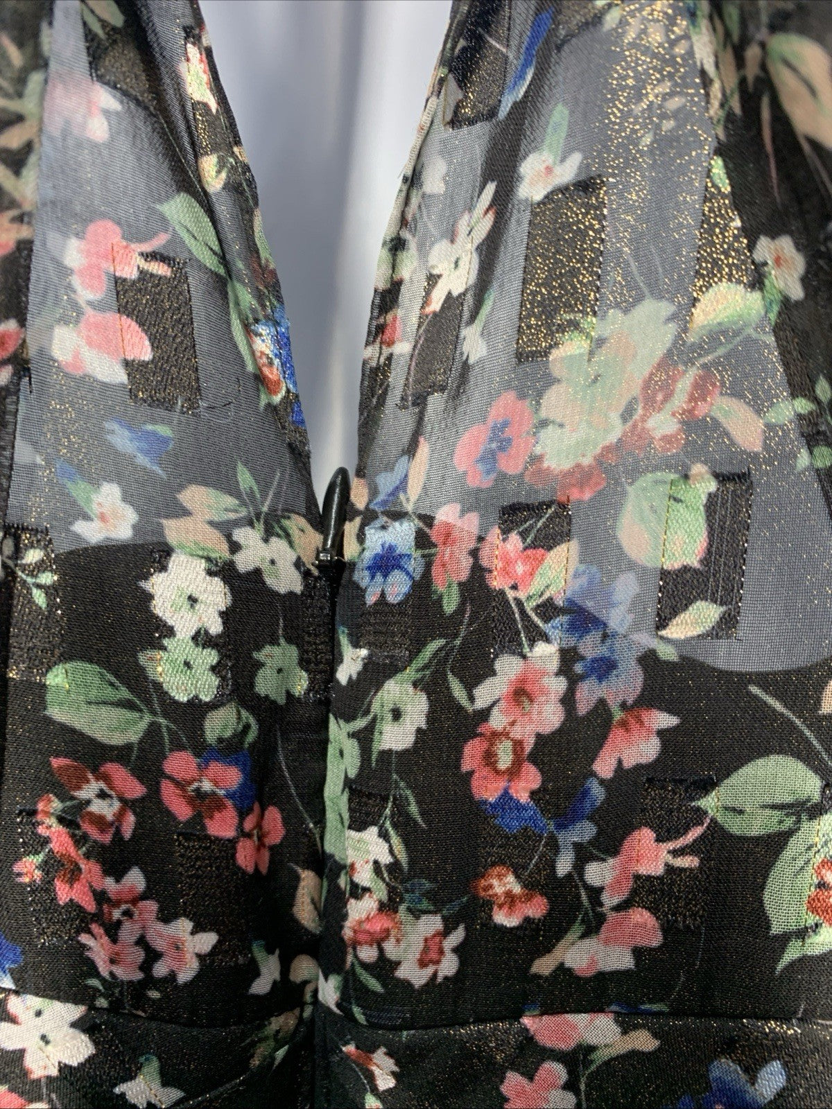 Adrianna Papell Gown Metallic Pleated Halter Floral Maxi Sleeveless Size 10