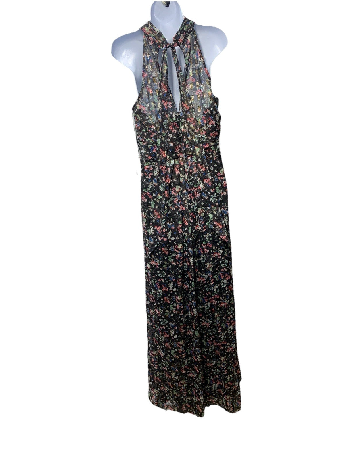 Adrianna Papell Gown Metallic Pleated Halter Floral Maxi Sleeveless Size 10