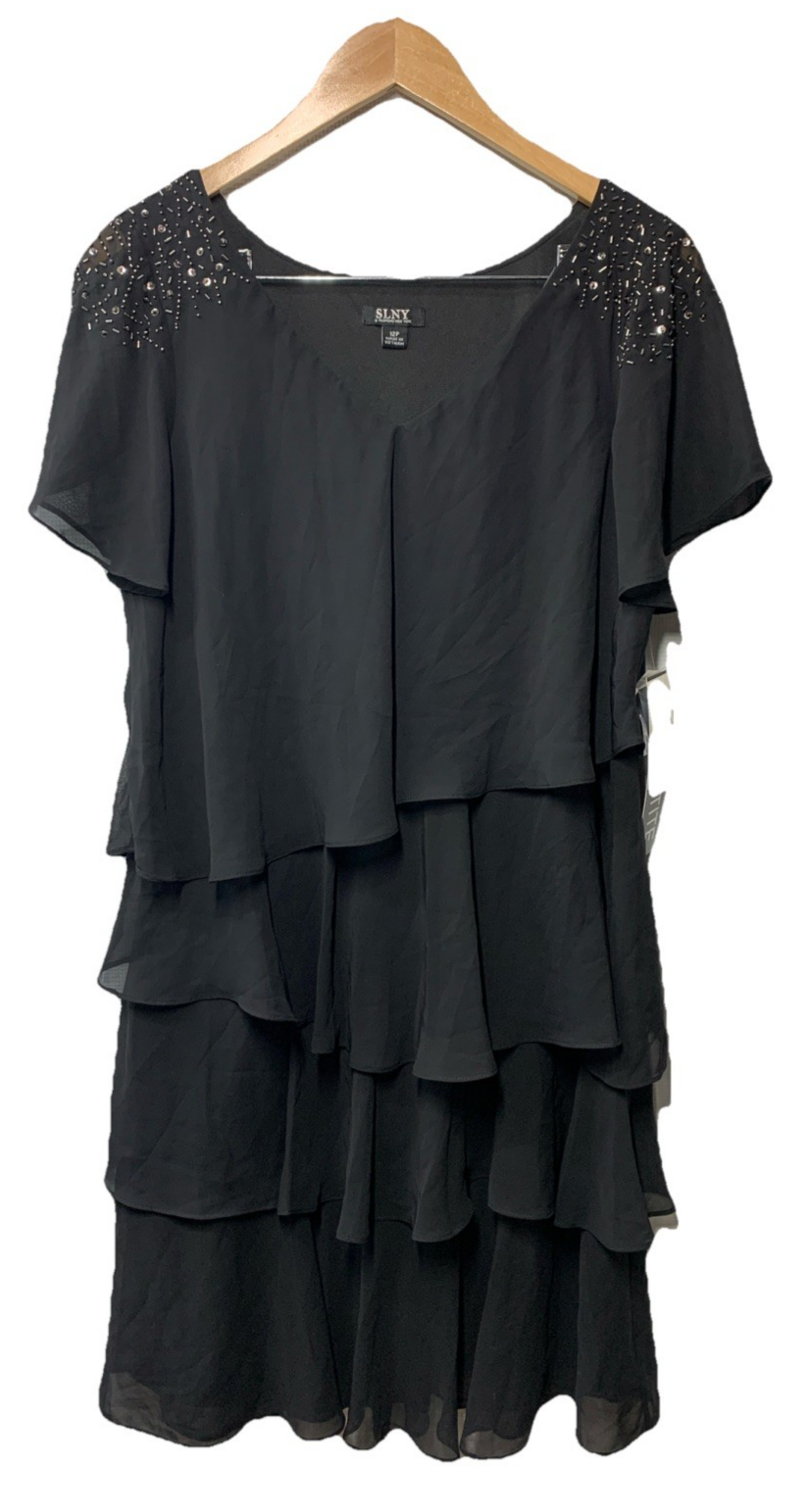 S.L. Fashions V-Neck Chiffon Cocktail Dress with Beaded Shoulders Size 12P Black