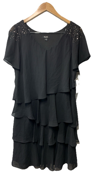S.L. Fashions V-Neck Chiffon Cocktail Dress with Beaded Shoulders Size 12P Black