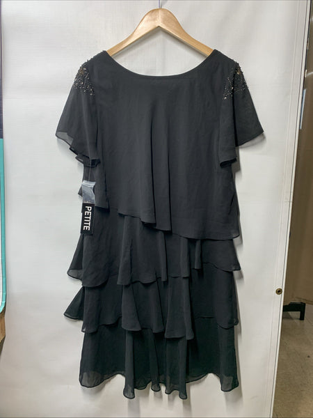 S.L. Fashions V-Neck Chiffon Cocktail Dress with Beaded Shoulders Size 12P Black