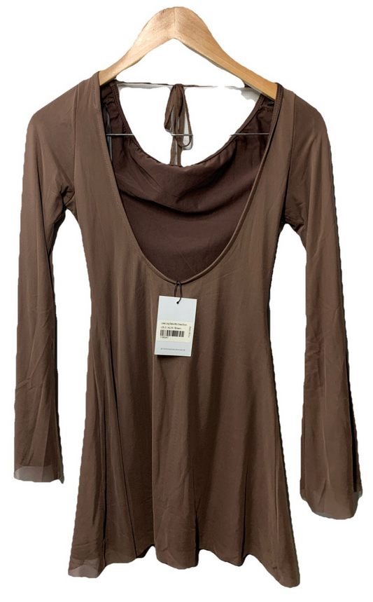 Princess Polly Lukea Long Sleeve Mini Dress Low Tie Back Tie Fully Lined 2 Brown