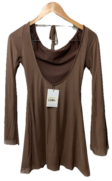 Princess Polly Lukea Long Sleeve Mini Dress Low Tie Back Tie Fully Lined 2 Brown