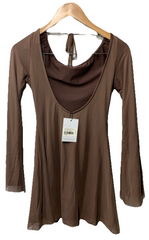 Princess Polly Lukea Long Sleeve Mini Dress Low Tie Back Tie Fully Lined 2 Brown