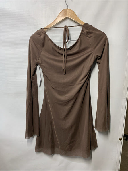 Princess Polly Lukea Long Sleeve Mini Dress Low Tie Back Tie Fully Lined 2 Brown