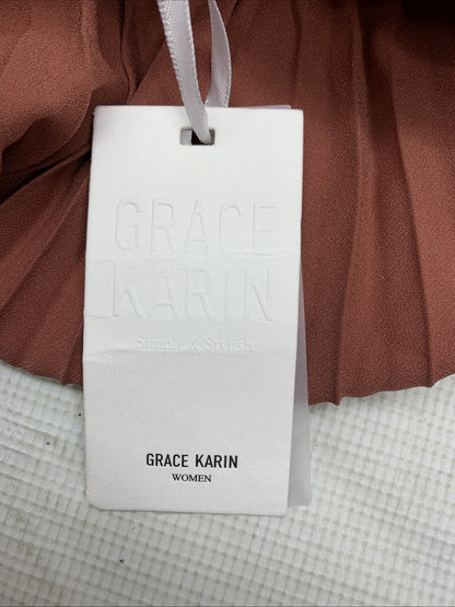 Grace & Elastic Waist Pleated Chiffon Midi Skirt A-line Size XS Brown Pullon